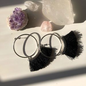Silver and black tassel hoop earrings